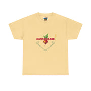 Yellow t-shirt with mustard seed graphic and text on a white background