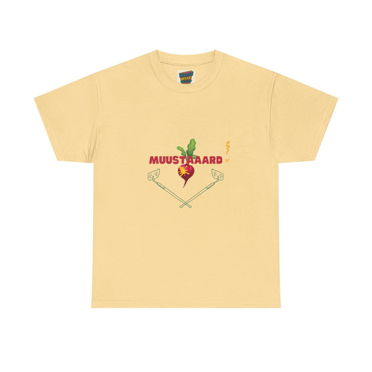 Yellow t-shirt with mustard seed graphic and text on a white background