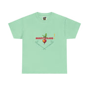 Light green t-shirt with mustard-themed design and text on a white background
