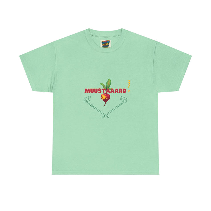 Light green t-shirt with mustard-themed design and text on a white background