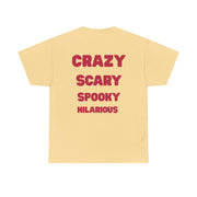 Yellow t-shirt with red text on a white background