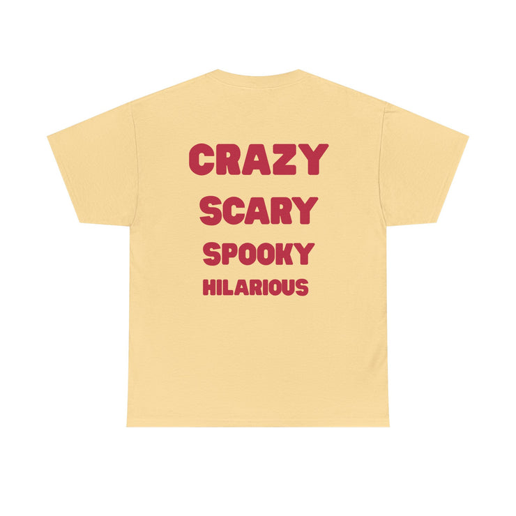 Yellow t-shirt with red text on a white background