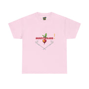 Pink t-shirt with mustard-themed graphic and text on a white background