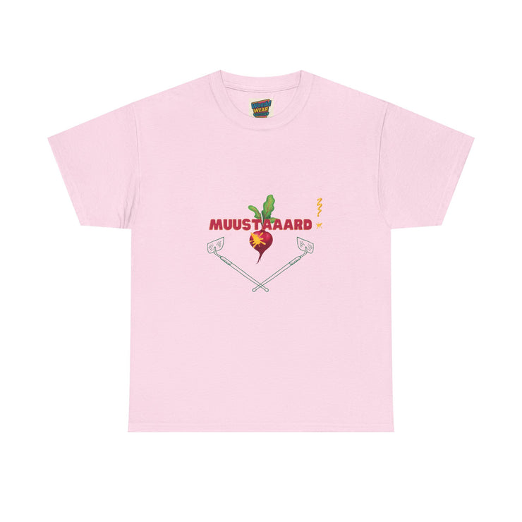 Pink t-shirt with mustard-themed graphic and text on a white background