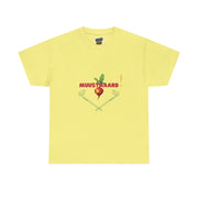 Yellow t-shirt with mustard-themed graphic and text on a white background