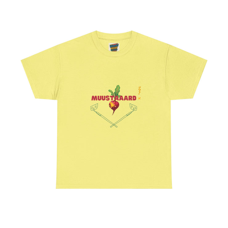 Yellow t-shirt with mustard-themed graphic and text on a white background