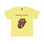 Yellow unisex t-shirt with Rolling Stones logo and 'Rolling Stoned' 