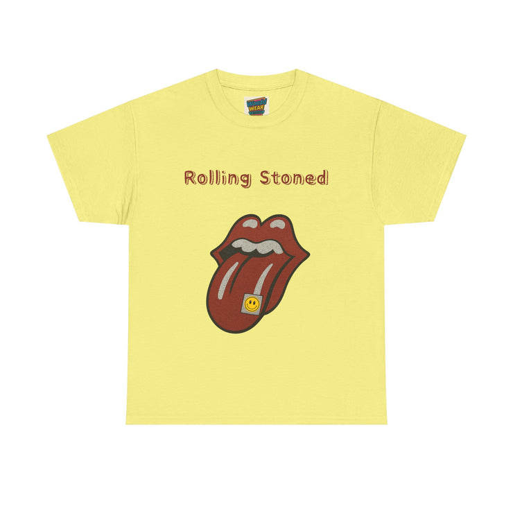 Yellow unisex t-shirt with Rolling Stones logo and 'Rolling Stoned' 