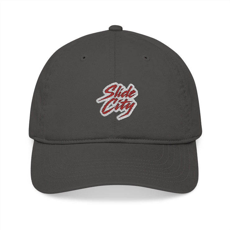 Black Slide City organic embroidered baseball cap – unisex streetwear dad hat front view”