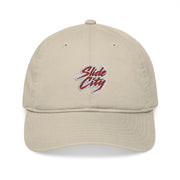 beige Slide City organic embroidered baseball cap – unisex streetwear dad hat front view”