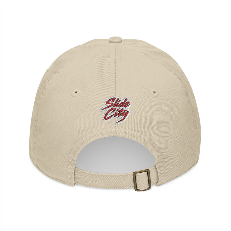 “Slide City baseball cap – adjustable organic cotton dad hat back view”